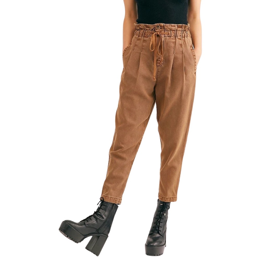Free People Pants Womens Small Brown Margate Paperbag Pleated Tapered Drawstring